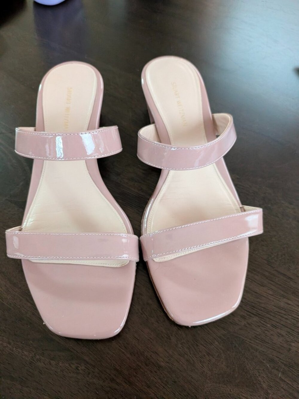 Stuart Weitzman Women's Ava Patent Leather Blush Heel Slide Sandal